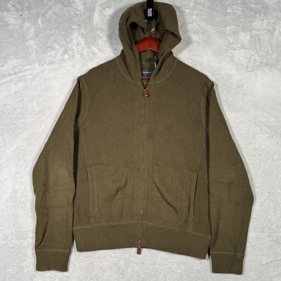 Polo Ralph Lauren Sweater Mens Medium Green Lambswool Full Zip Hoodie *FLAW
